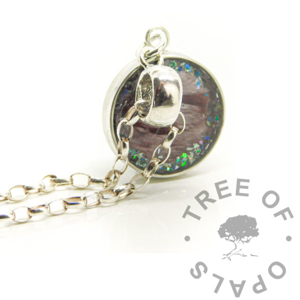 necklace chain and scan photo necklace bail upgrade, with open backed setting. Solid silver setting with dangle charm bail suitable for European large hole bead bracelets or heavy chains. Baby memorial scan photo keepsake with platinum holographic flecks around the edge