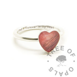 Lock of Hair Heart Ring fairy pink lock of hair heart ring, resin 8mm heart ring with classic band. Handmade from scratch with solid silver. Memorial jewelry with arial font engraving Dad forever in my heart memorial ring