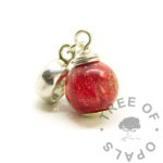 Solid silver European bracelet blood orb dangle charm with red sparkle mix and subtle gold leaf. Made from solid sterling silver. Memorial keepsake jewelry. Wire wrapped by hand with a small loop, with classic dangle loop, bracelet dangle setting for large hole bead bracelets. Dragon's blood red resin sparkle mix