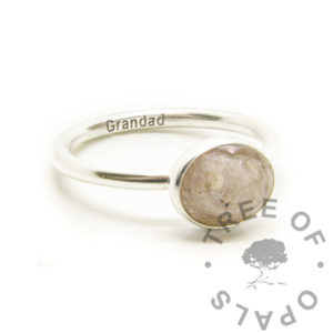 Oval Cremation Ashes Ring pearlescent ash cremation ring, resin 10x8mm oval ring with classic band. Handmade from scratch with solid silver. Memorial jewelry with arial font engraving Grandad memorial ring