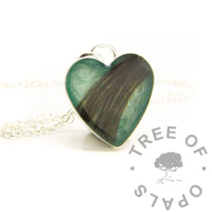 Engravable Hair Heart Necklace aqua lock of hair necklace heart, resin 16mm heart bezel cup setting with jump ring. Handmade from scratch with solid silver. Keepsake jewelry with angelic aqua resin sparkle mix. One adult's brunette hair in one piece, not a memorial order but a keepsake for an adult