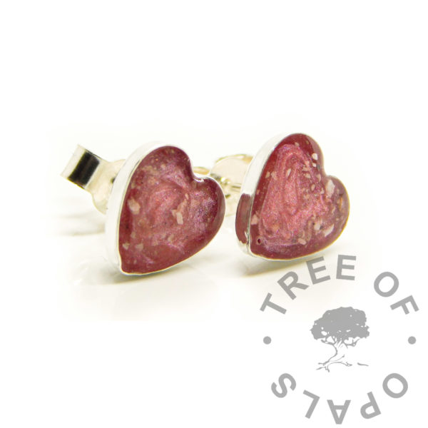 Cremation Ashes Earrings Solid silver ashes heart bezel earrings with pink sparkle mix. Made from solid sterling silver. Memorial keepsake jewelry. 8mm heart bezel earring settings, fairy pink resin sparkle mix