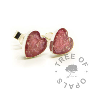 Cremation Ashes Earrings Solid silver ashes heart bezel earrings with pink sparkle mix. Made from solid sterling silver. Memorial keepsake jewelry. 8mm heart bezel earring settings, fairy pink resin sparkle mix