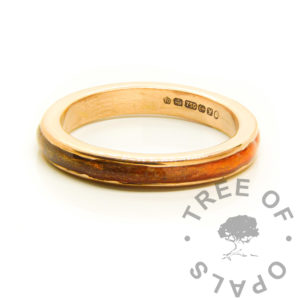 Gold Hair Channel Ring tangerine orange solid rose gold lock of hair channel ring, resin ring. Handmade from scratch with solid red gold, hallmarked 18ct rose gold. Keepsake jewelry memorial keepsake ring. Tangerine orange resin sparkle mix with subtle lock of hair, slightly hidden under the colour.