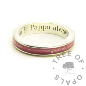 Cremation Ashes Channel Ring pink solid silver ashes channel ring, resin ring. Handmade with solid argentium anti-tarnish silver. Keepsake jewelry memorial keepsake ring. Fairy pink resin sparkle mix with text engraving inside in Silver South Serif font