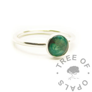 Hair Keepsake Ring teal lock of hair ring, resin 8mm round ring with classic round band. Handmade from scratch with solid silver. Memorial jewelry with mermaid teal resin sparkle mix