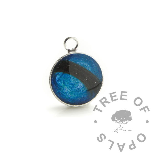 hair round blue 8mm round charm. A lock of hair. Resin sparkle mix aegean blue direct pour. Perfect for making a necklace or dangle charm, client mockup. For keepsake and memorial or breastmilk jewellery making.