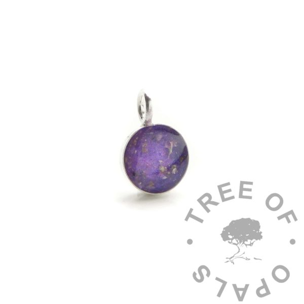 purple ashes silver 6mm round charm, solid silver. Cremation ashes with orchid purple resin sparkle mix direct pour. Perfect for making a dangle charm or necklace. For keepsake and memorial or breastmilk jewellery making.