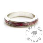 Cremation Ashes Channel Ring white and red ashes channel ring, solid Argentium 935 silver. Keepsake jewellery making with cremation ashes and resin sparkle mix. Made by hand in the UK memorial jewelry with cremains
