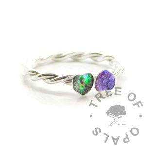 Umbilical Cord Heart Ring umbilical cord heart duo ring mockup, solid silver twisted band with two 4mm heart bezel cups with cord or placenta. Sample image mockup example