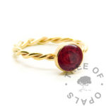 gold filled blood ring, resin twisted wire ring. Handmade from scratch with gold filled wire and bezel cup, not hallmarked, 14/20 filled yellow gold. Keepsake jewelry birth or memento keepsake ring, alternative engagement ring. Dragon's blood red resin sparkle mix colour. Image mockup