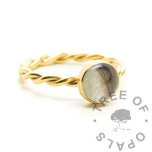 Gold Filled Breastmilk Ring gold filled lock of hair breastmilk ring, resin twisted wire ring. Handmade from scratch with gold filled wire and bezel cup, not hallmarked, 14/20 filled yellow gold. Keepsake jewelry birth keepsake ring. Unicorn white sparkle mix colour. Image mockup