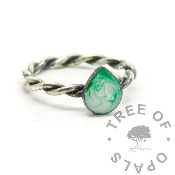 Breastmilk Teardrop Ring - gothic inspired breastmilk ring, twisted band antique effect ring. Teal alcohol ink swirled into the milk, solid anti-tarnish Argentium silver setting for keepsake jewellery. Purer than 925 sterling silver
