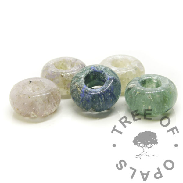 cremation ashes beads without cores, five beads in various colours for the client as proof photo. Label the beads 1-5 and allow your client the choice, offering extra beads with a core for an additional charge. Please let your clients know all beads are returened without silver for free if they prefer