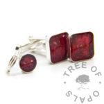red ash cufflinks and tiny keyring, cushion cuff link, 10mm square setting with rounded corners. Solid sterling silver cufflink setting and 6mm round bezel with 8mm split ring. Memorial wedding jewellery. Groom's jewelry handmade in the UK. Dragon's blood resin sparkle mix, cremains ashes 925 memento.
