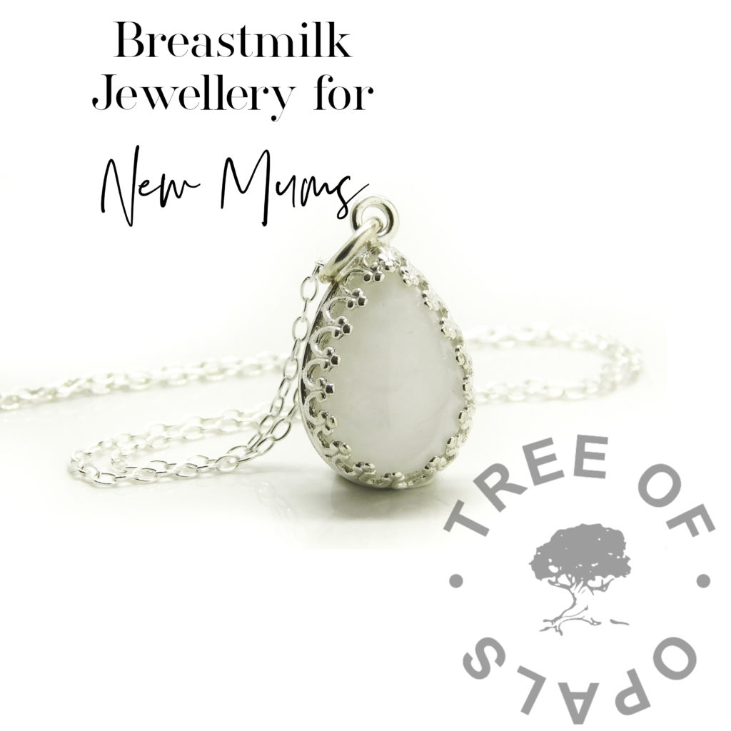Breastmilk Jewellery for New Mums Cherish Your Journey: The Beauty of Breastmilk Jewellery by keepsake artist and teacher Nikki Lovegrove breastmilk crown teardrop necklace. Teardrop pear pendant setting for keepsake jewellery, large 18x13mm solid sterling silver setting. Breastmilk with no sparkles or boobie awards, swirled milk. Jump ring and chain included