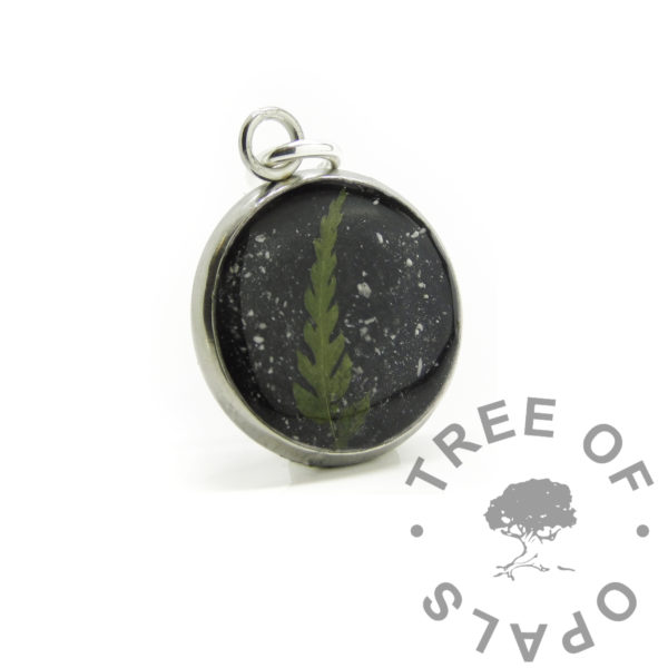 black ashes round bezel necklace. Cremation ashes and fern accent memorial jewellery with solid sterling silver setting. 925 keepsake jewelry necklace with vampire black resin sparkle mix