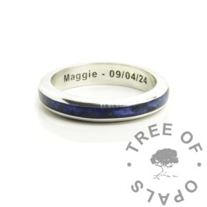 Umbilical Cord Channel Ring blue placenta channel ring, solid silver engraved ring. Arial font inside with name and date, baby memorial ring. Placenta in sac with aegean blue resin sparkle mix, lathe turned memento ring cremation ashes alternative