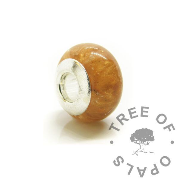 orange ashes bead with blank core. Cremation ashes memorial jewellery with solid sterling silver bead core. Medium bead 925 keepsake jewelry with tangerine orange resin sparkle mix