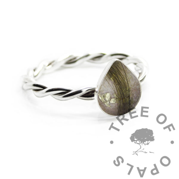 Pastel pink breastmilk and lock of hair teardrop twisted band ring. Solid silver handmade ring with teardrop shaped bezel cup for direct pour. Milk, first curl and sparkle mix. 2.4mm twist wire with 8x6mm pear shape cup, breastfeeding keepsake memento