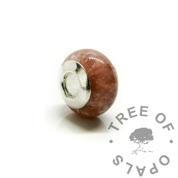 red ashes bead with blank core. Cremation ashes memorial jewellery with solid sterling silver bead core. Medium bead 925 keepsake jewelry with dragon's blood red resin sparkle mix
