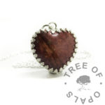 Hair Crown Heart Necklace red hair and ashes crown heart necklace. Cremation ashes and lock of hair memorial jewellery with solid sterling silver setting. 925 keepsake jewelry necklace with dragon's blood red resin sparkle mix