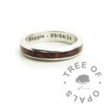 Blood Channel Ring solid silver engraved ring. Arial font inside with name and date, baby memorial ring. Placenta in sac with dragon's blood red resin sparkle mix, lathe turned memento ring cremation ashes alternative