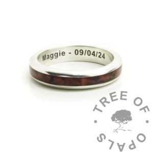 Blood Channel Ring solid silver engraved ring. Arial font inside with name and date, baby memorial ring. Placenta in sac with dragon's blood red resin sparkle mix, lathe turned memento ring cremation ashes alternative