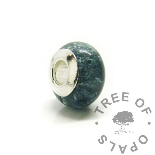 Cremation Ashes Bead teal ashes bead with blank core. Cremation ashes memorial jewellery with solid sterling silver bead core. Medium bead 925 keepsake jewelry with mermaid teal resin sparkle mix