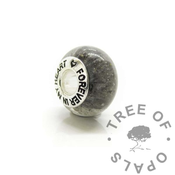 Cremation Ashes Bead dolphin silver ashes bead, cremation ashes large hole bead for European bracelets. Solid sterling silver core which says Forever In My Heart. Resin sparkle mix