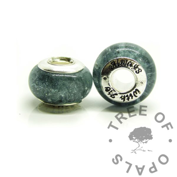 cremation ashes and teal bead duo for European bracelets. Solid 925 sterling silver bead cores stamped Always With Me bead core design. Back shown, part B flared over the domed washer. Cremation ashes keepsake and memorial jewellery with mermaid teal resin sparkle mix specks of cremains, 2025 resin inclusion jewelry