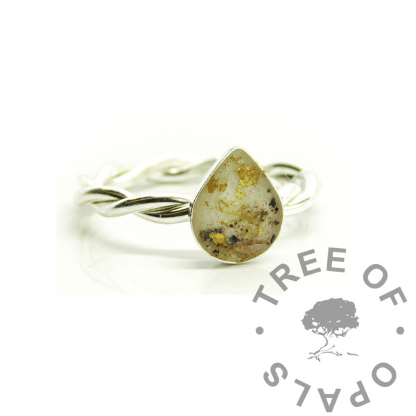 Umbilical Cord Teardrop Ring breastmilk cord teardrop ring, solid silver pear shaped twisted ring setting. Breastmilk, umbilical cord and gold leaf with resin in solid silver setting