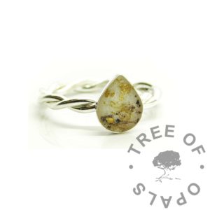 Umbilical Cord Teardrop Ring breastmilk cord teardrop ring, solid silver pear shaped twisted ring setting. Breastmilk, umbilical cord and gold leaf with resin in solid silver setting