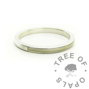 Channel Breastmilk Ring breastmilk hair partial channel ring front view. Solid anti-tarnish Argentium 940 silver, purer than sterling. Breastmilk and lock of hair direct pour ring keepsake jewellery