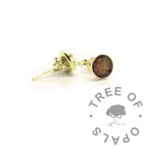 Gold Ashes Earrings solid gold earrings, round bezel setting in solid 9ct yellow gold keepsake jewellery. Cremation ashes with pink and orange resin sparkle mix blend. 7mm round bezel cup with direct pour resin. Image mockup
