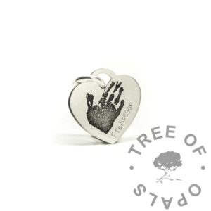 Silver Pendants child's handwriting and handprint necklace or dangle charm, baby keepsake heart pendant in solid silver. Shown without chain. Laser engraved, hand print mother's day mum gift ideas. Solid anti-tarnish silver 925 940 Argentium real silver handmade engraving blank. Handprint and handwriting necklace