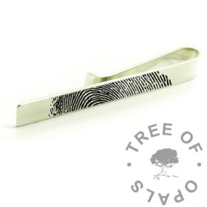 handmade tie clip front with image engraving, fingerprint. Solid 935 anti-tarnish silver. Tarnish resistant bright silver, purer than 925 sterling. Made by hand for engraving with text and/or image engraved. Can have a bezel cup attached to fill with resin for memorial and men's keepsake jewellery. 6mm wide
