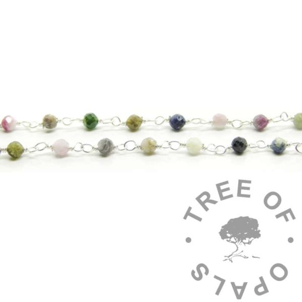 solid silver Loose Rainbow Tourmaline Chain, tourmeline satellite chain 925 sterling silver recycled ethical silver, gorgeous little genuine rainbow tourmeline chain for necklaces and permanent jewellery making. Shipped from the UK