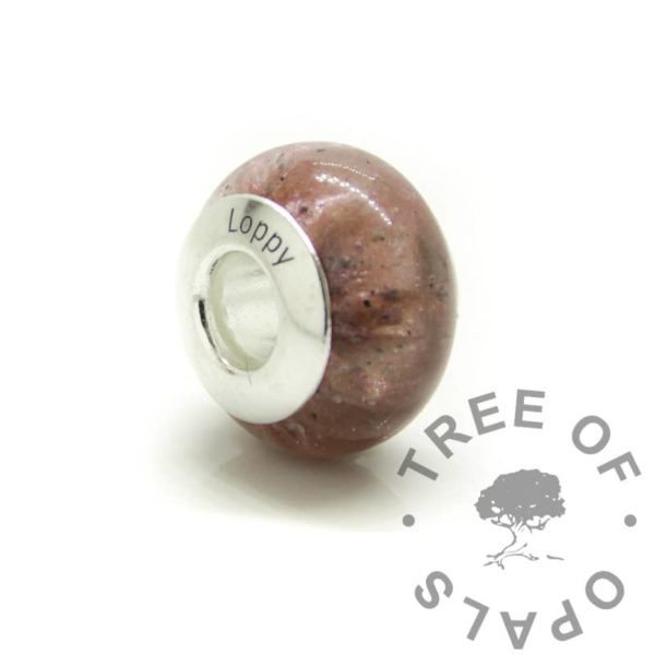 pink rabbit ashes bead, engraved part A core insert with pink cremation ashes bead, custom engraving with arial font. Solid sterling silver 925 bead insert
