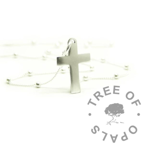 solid silver cross on sattelite chain. 925 sterling silver chain, ideal for permanent jewellery. Shown with Argentium 940 custom cutout anti tarnish 18mm cross pendant with loop and jump ring