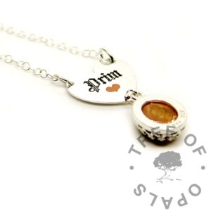 Cold Enamel Mystery Piece bespoke memorial jewellery Germany font engraved heart with orange heart. Engraved heart necklace with crown point dangle charm. Goddess golden resin sparkle mix and fur in 10x8mm crown point oval setting. Rust orange Vintaj Antique Glaze cold enamel for engraving, no need for a kiln or toaster oven.