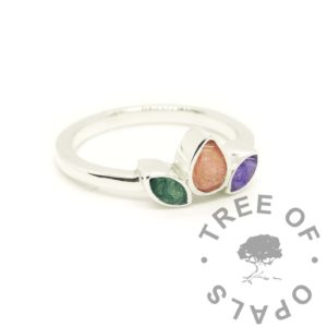 Megan Cremation Ashes Ring, solid silver cremains ring mockup with teal, pink and purple. Marquise and teardrop ring